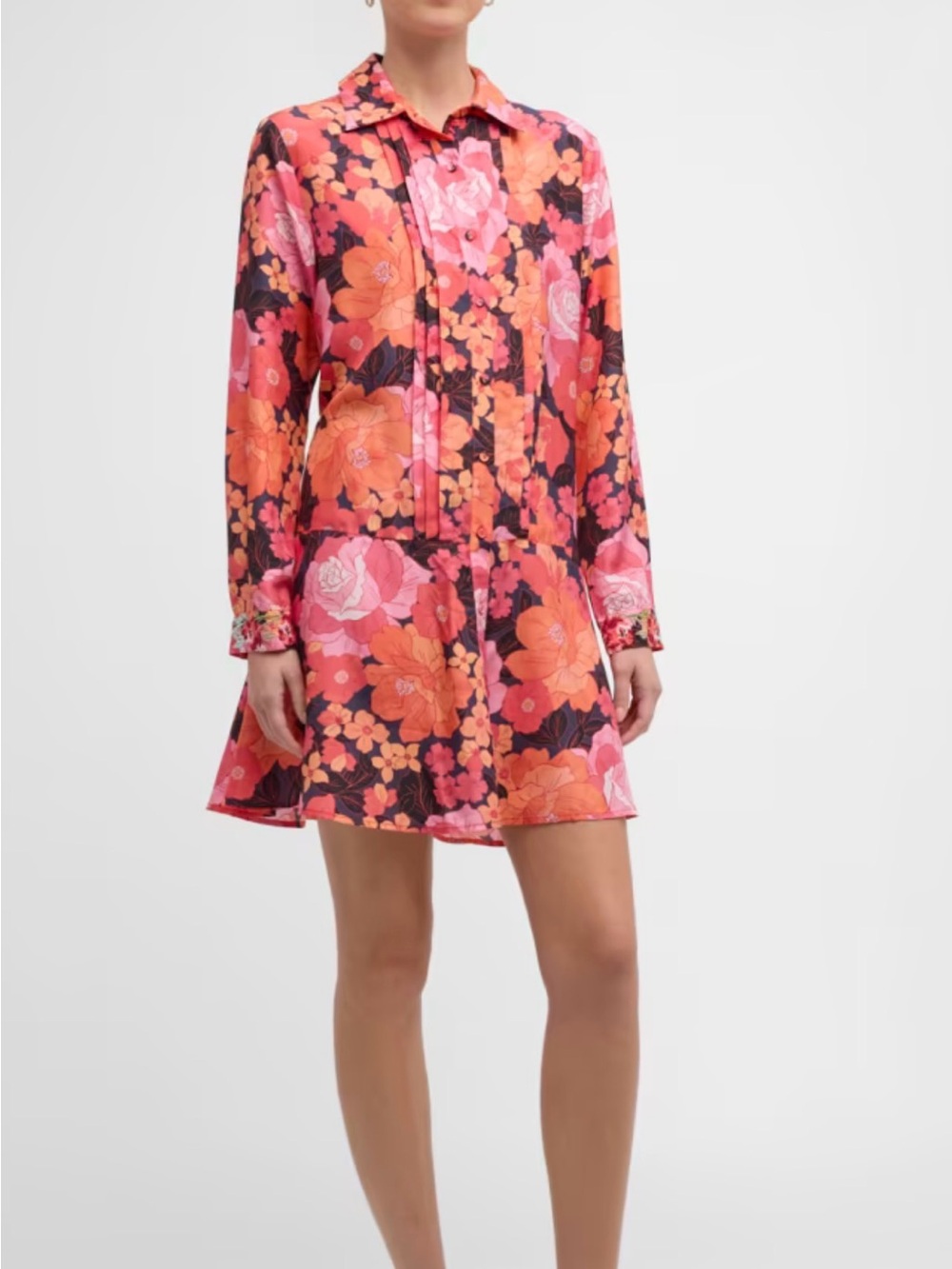 Johnny Was Becca 100% Silk Coral Pink Floral Long-Sleeve Mini Dress Size Medium